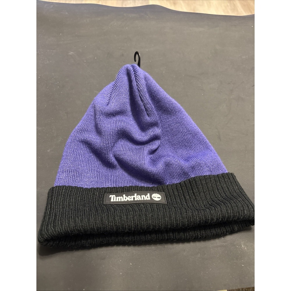 Timberland Beanie Hat Purple Black Cuffed Logo Knit Winter Cap NWT One Size
